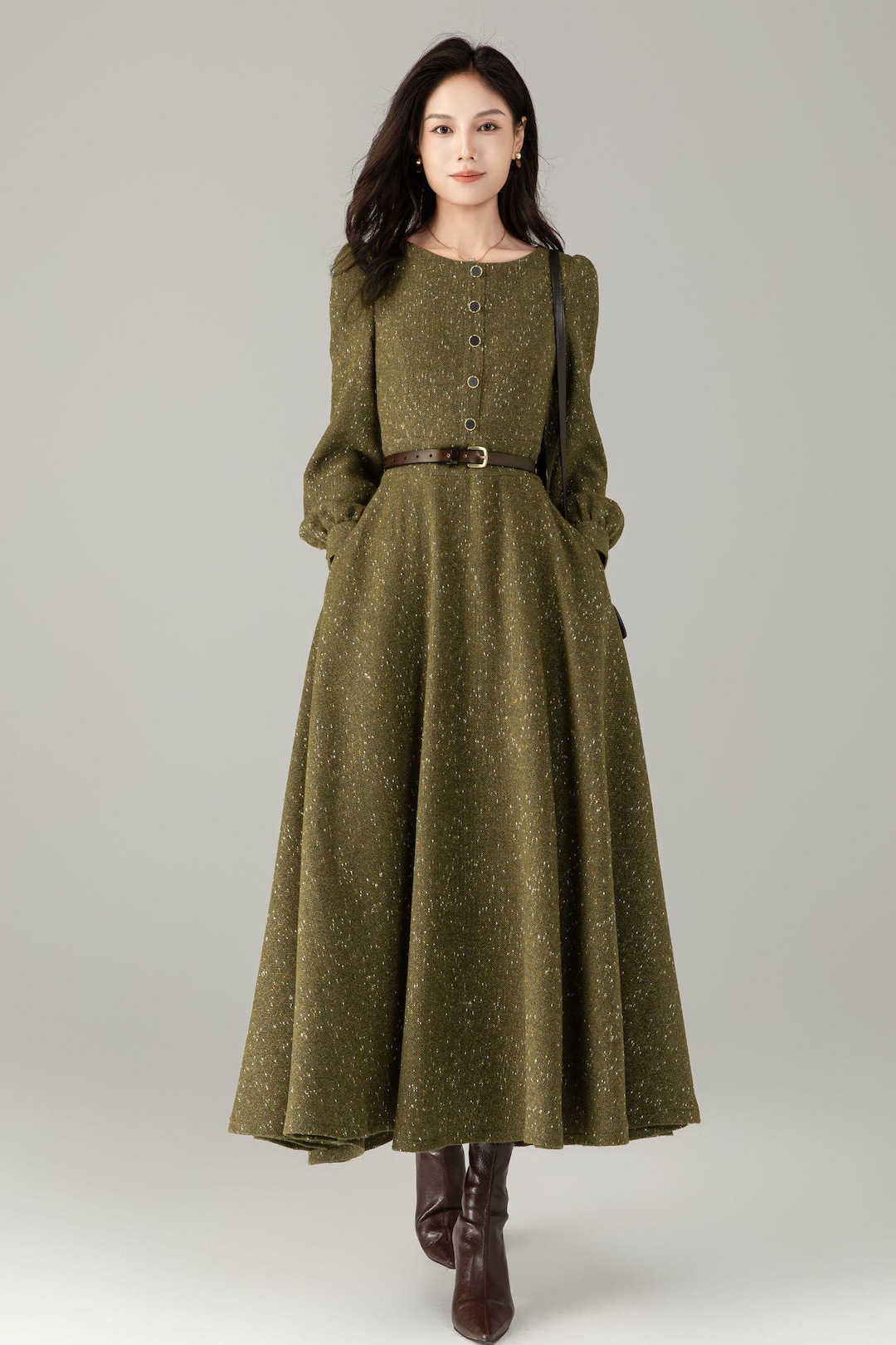 tweed maxi dress Shirley Black Long Sleeve Plaid Tweed Midi Dress