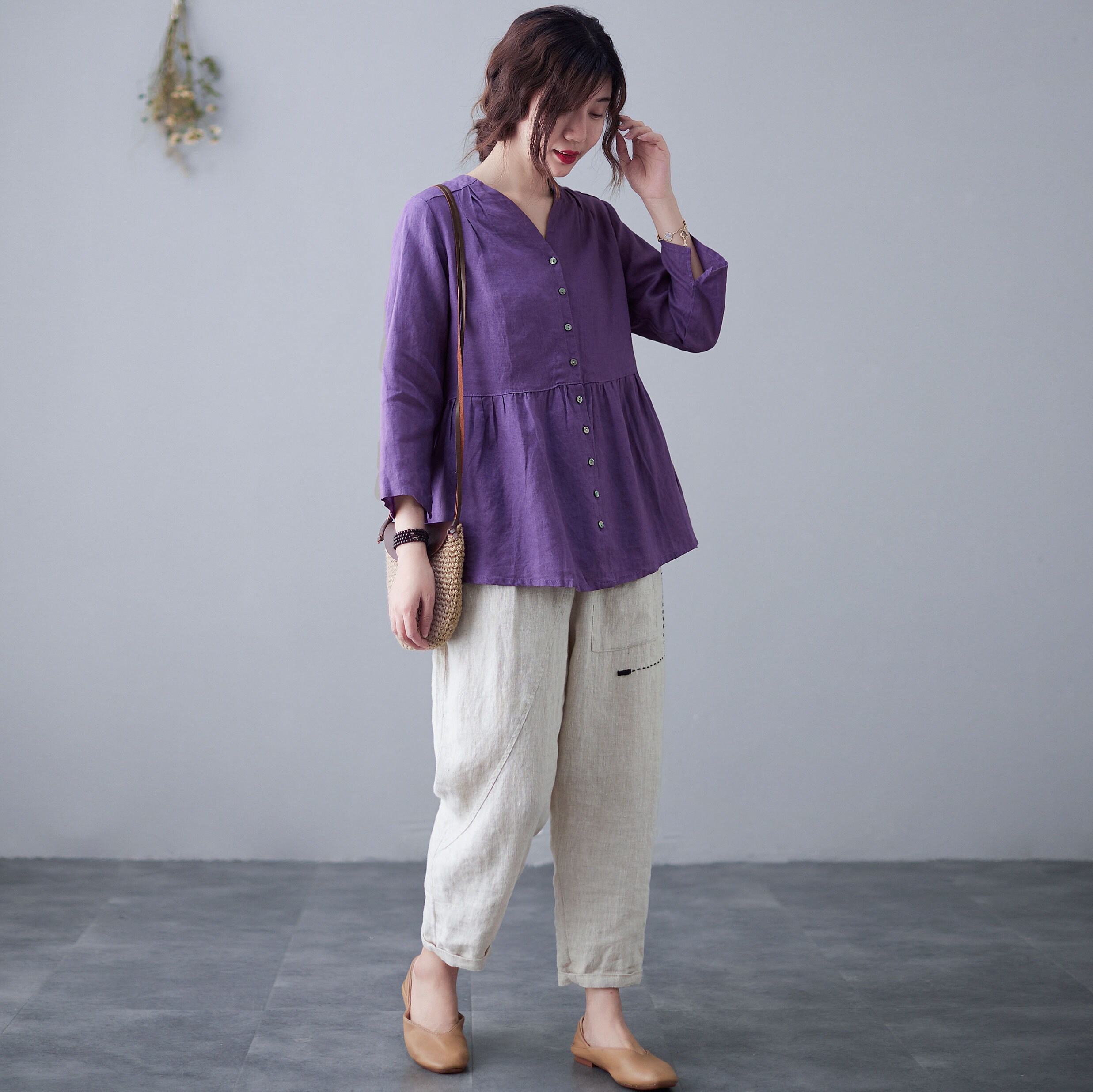 Purple Linen Tops V Neck Long Sleeve Loose Tops and Blouses Etsy