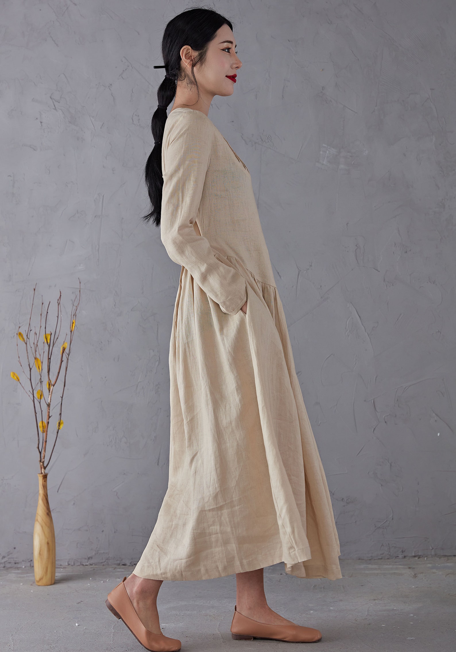 Linen Dress Beige Linen Dress Long sleeve Linen Dress Long Etsy