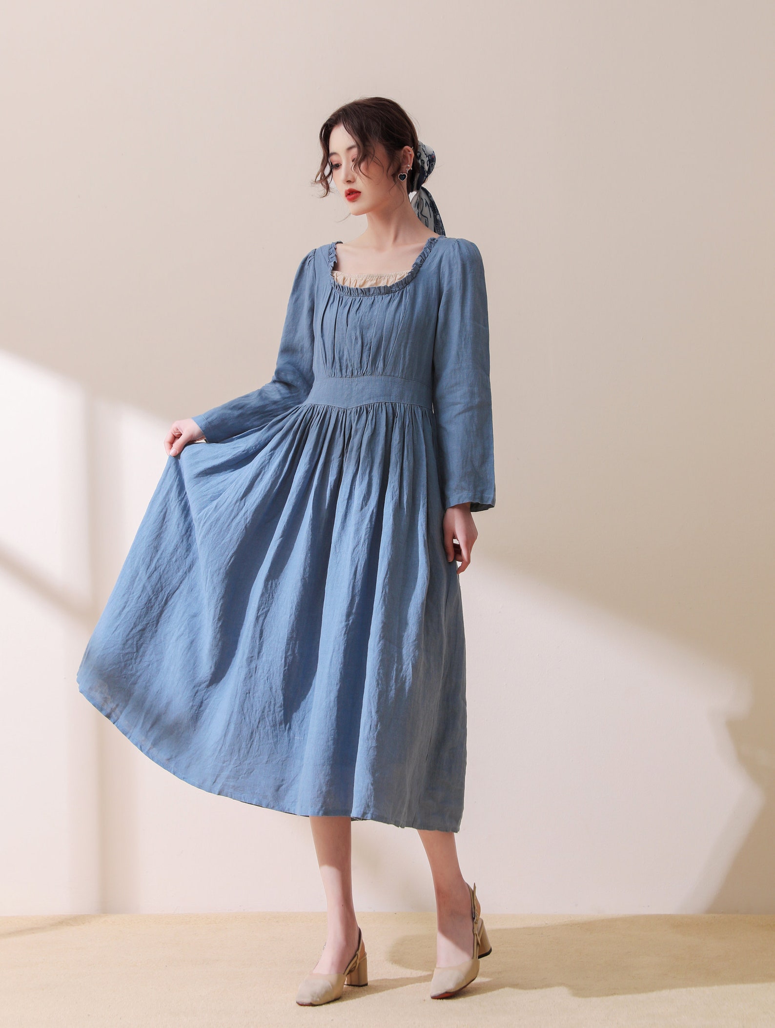 Blue Linen Midi Dresses Vintage Inspired Linen Dress Elegant - Etsy