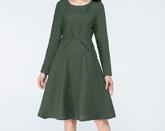 Green Linen Dress, Midi Linen Dress, Women's linen dress, Autumn linen dress, Casual Dress, A-line dress, Custom dress, Ylistyle C1069