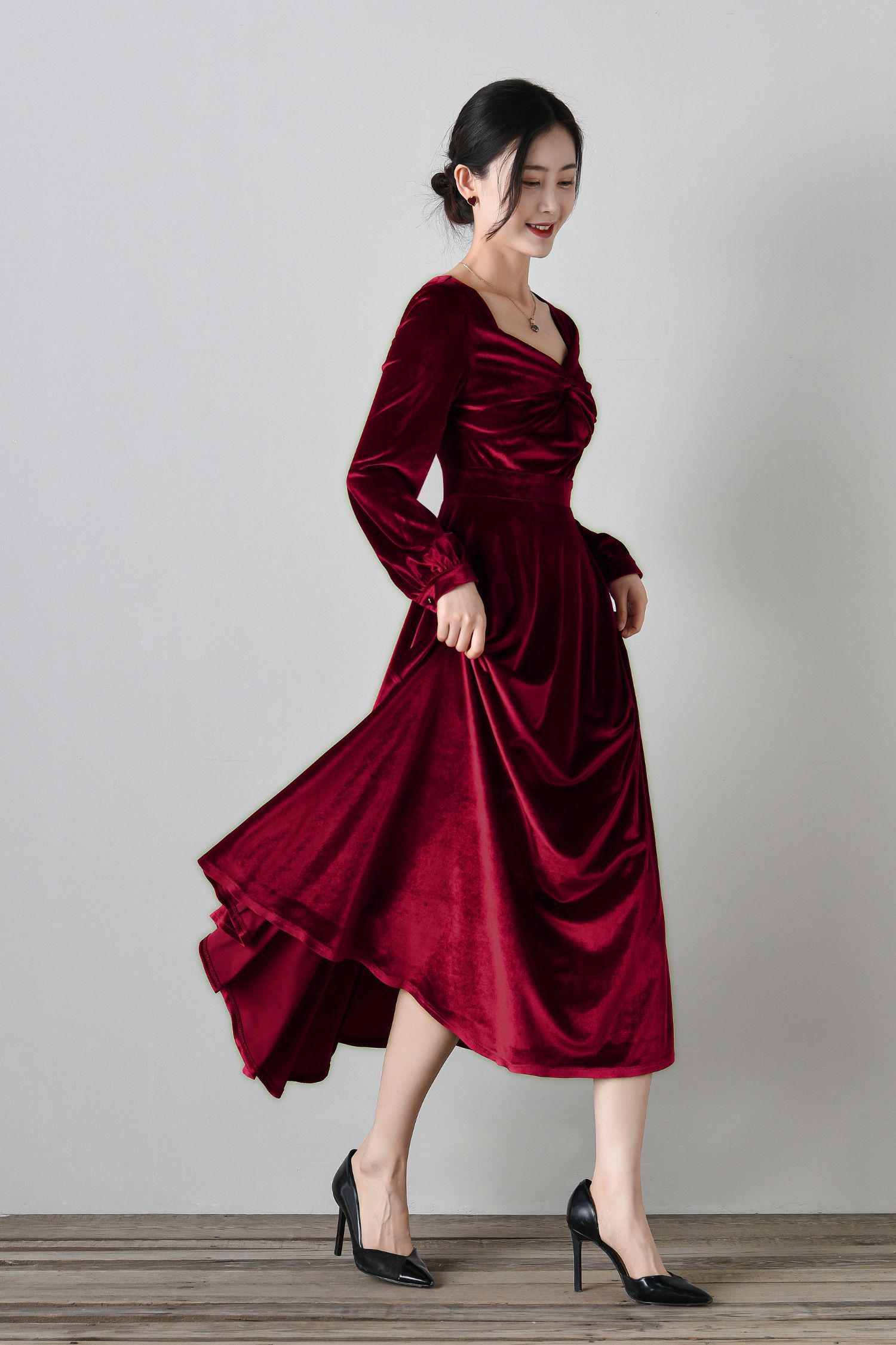 Elegant Burgundy Velvet Long Dress with Sweetheart Neckline and Full Skirt, Swing Dress, A Line Dress, Party Velvet Dress, Ylistyle C4699 Elegant Burgundy Velvet Long Dress with Sweetheart Neckline and Full Skirt, Swing Dress, A Line Dress, Party Velvet Dress, Ylistyle C4699