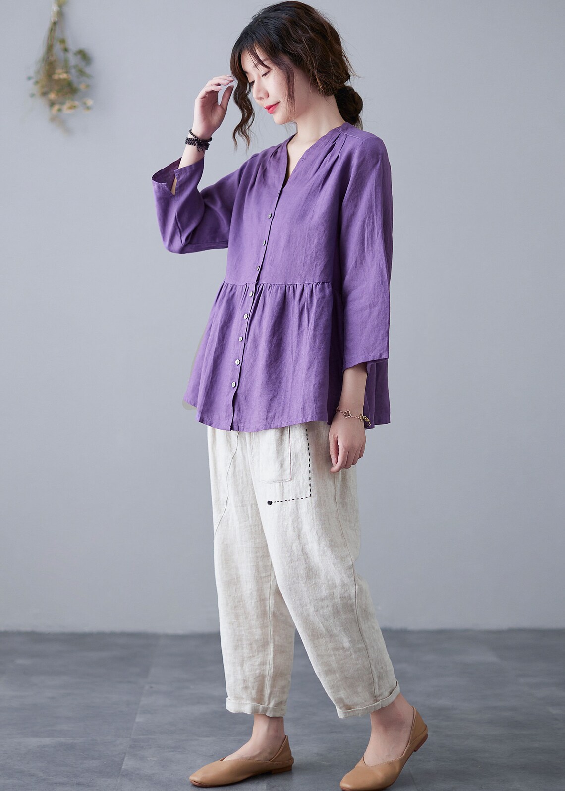 Purple Linen Tops V Neck Long Sleeve Loose Tops and Blouses Etsy