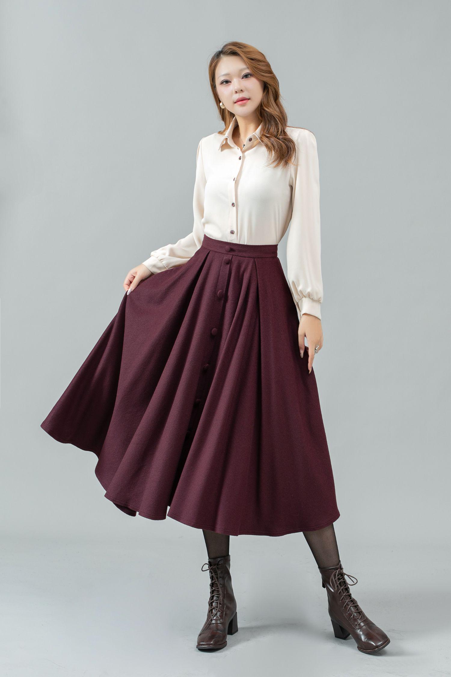 Womens Burgundy Wool Skirt, Midi Skirt, Button Down Wool