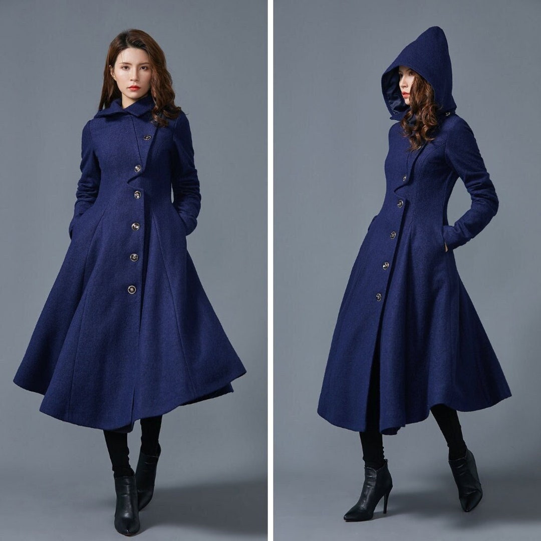 Hooded Wool Coat Women, Blue Wool Winter Coat, Asymmetric Long