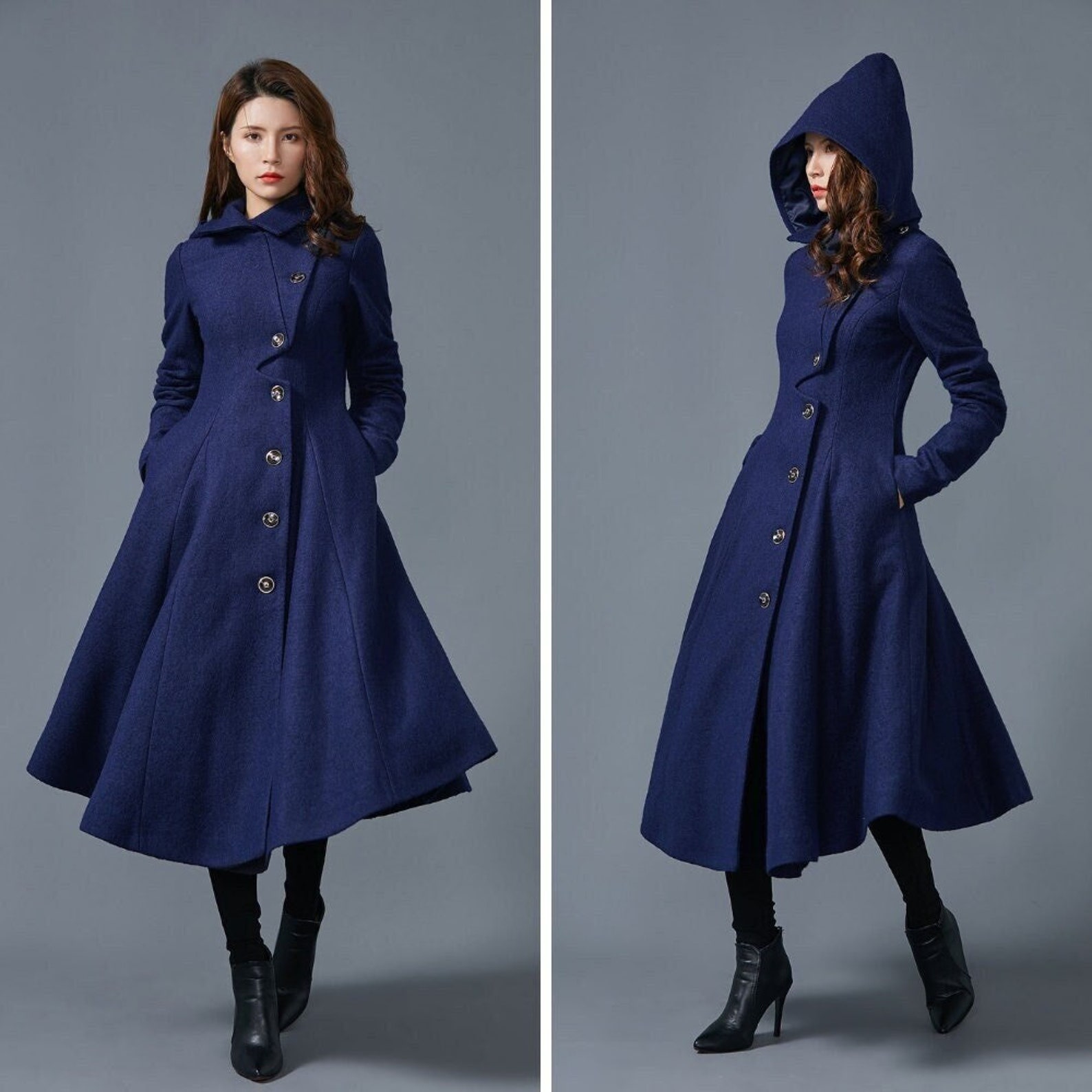 Hooded Wool Coat Women Blue Wool Winter Coat Asymmetric Long | Etsy