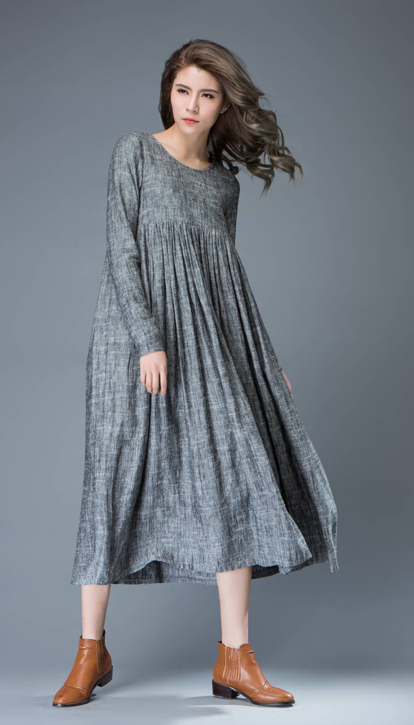 Casual Gray Dress Comfortable Linen LooseFitting Long Etsy