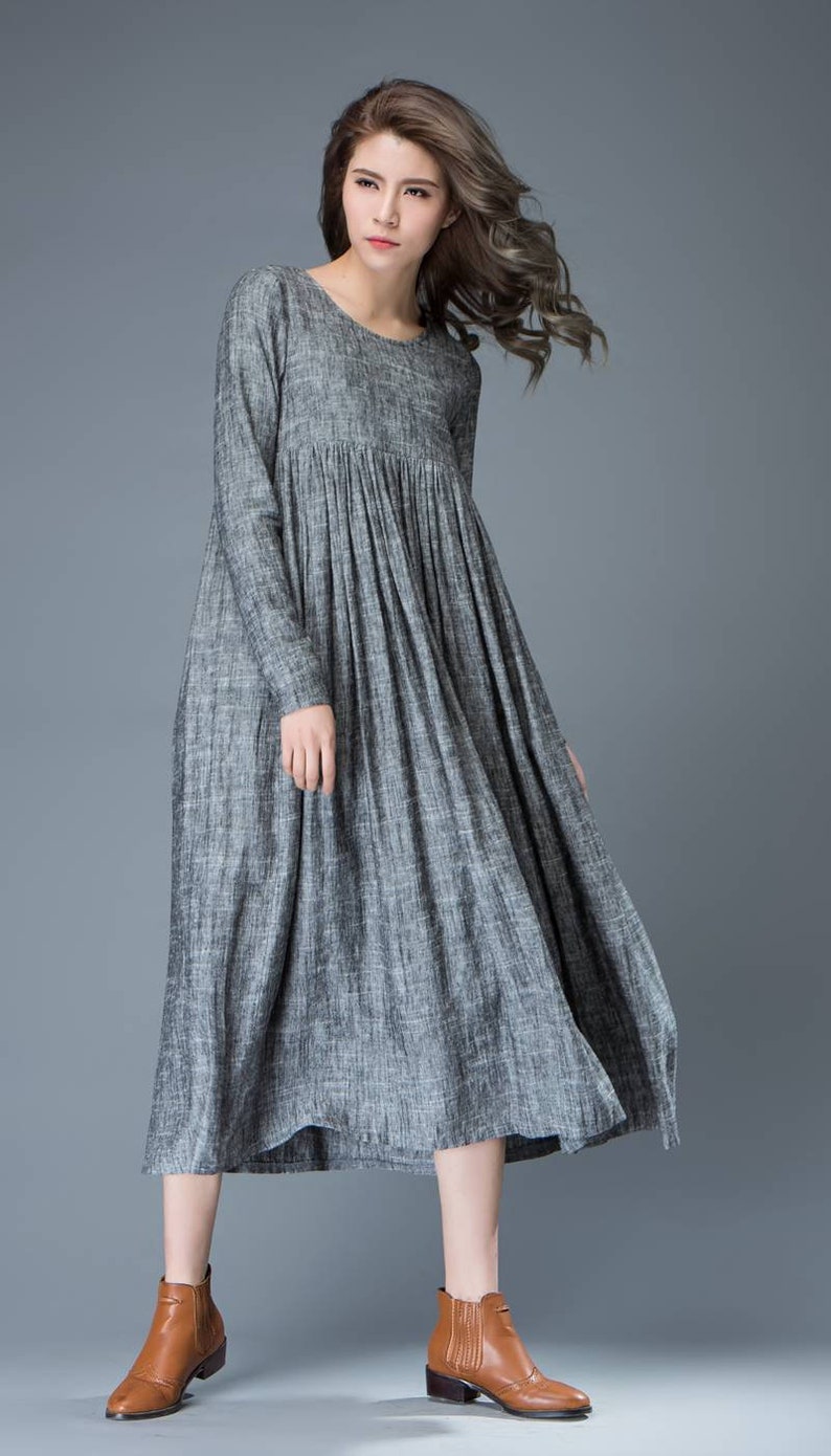 Maxi Linen dress Comfortable Linen Loose-Fitting Long Sleeved Everyday Marl Grey Midi-Length Woman's Dress C808 image 3