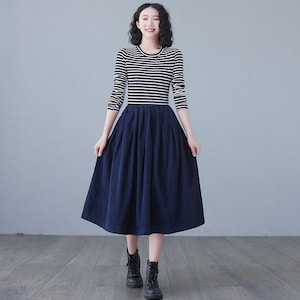 Blue Corduroy Skirt, Midi skirt, High Elastic Waist Skirt, Plus Size Skirt, Pleated Skirt with Pocket, Spring fall Skirt, Causal Skirt C2617 image 4