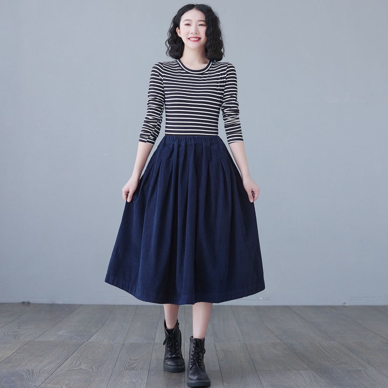 Blue Corduroy Skirt, Midi skirt, High Elastic Waist Skirt, Plus Size Skirt, Pleated Skirt with Pocket, Spring fall Skirt, Causal Skirt C2617 image 4