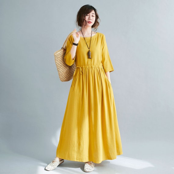 Linnen jurk nieuwe zomer gele linnen maxi jurk lange linnen MAMA jurk met zakken plus size linnen jurk lente herfst aangepaste jurk C2114 Etsy Nederland