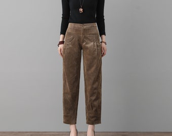 Khaki Harem Corduroy Pants, Women's Slacks, High Waist Lantern Pants, Autumn Pants Women, Minimalist Trousers,  Causal Corduroy Pants C2561