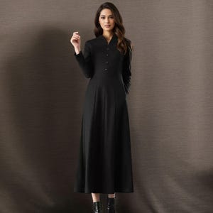 Women Vintage inspired Black Wool Dress, A Line wool Dress, Peter Pan Collar wool maxi Dress, Winter Dress women, Long wool dress C4940