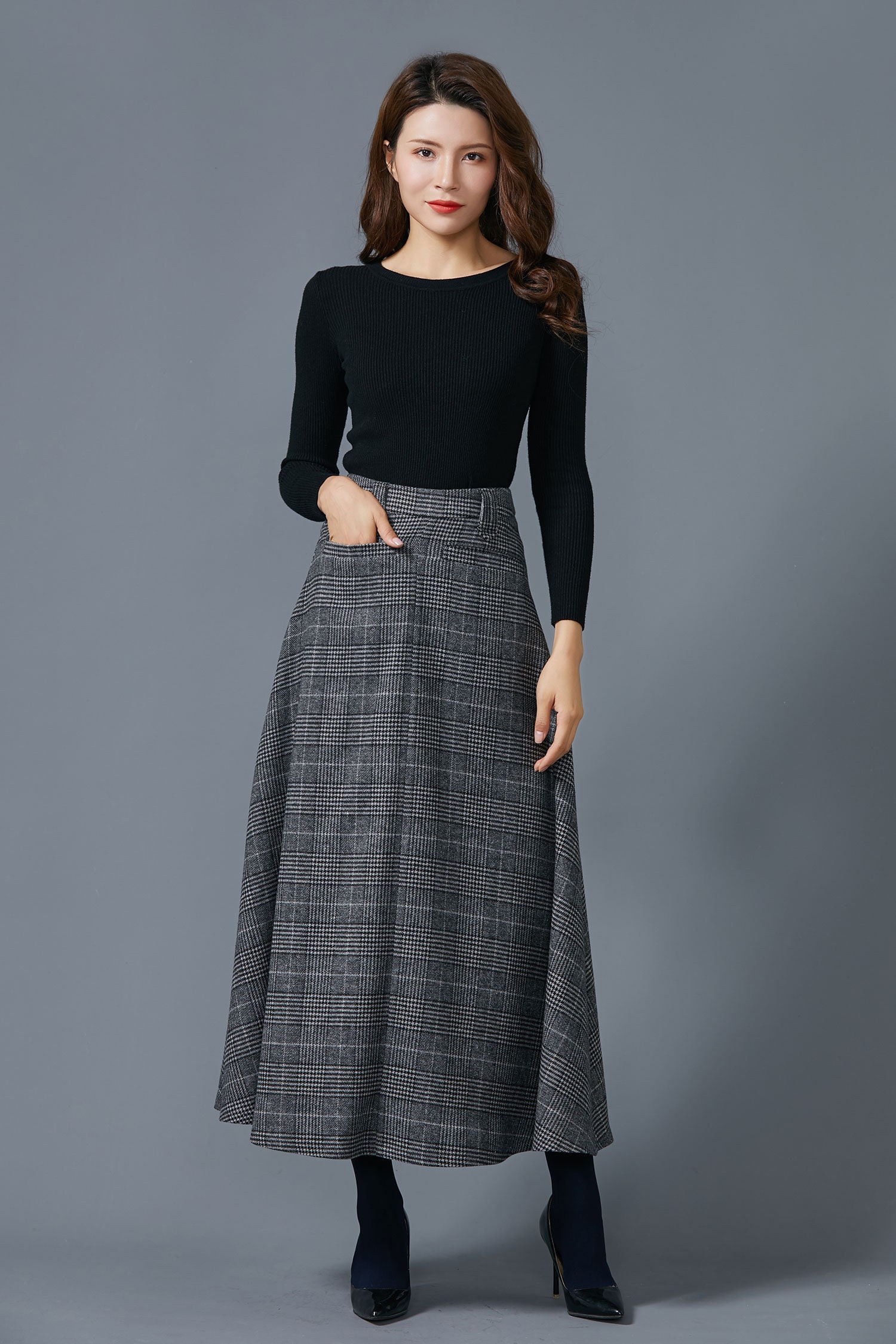 Gray plaid Long wool skirt Winter womens skirt A Line wool | Etsy