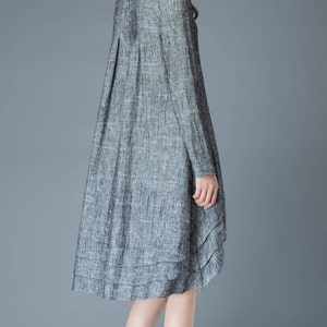 Marl Gray Lagenlook Dress Linen Loose-Fitting Long-Sleeved Round Neck Asymmetrical Dress with Tiered Pleated Hemline C810 image 5