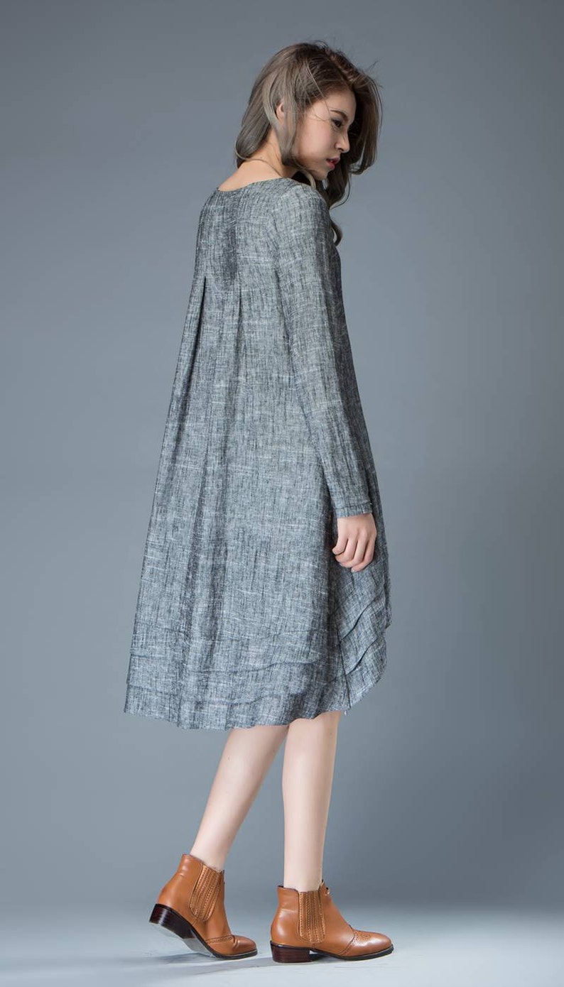 Marl Gray Lagenlook Dress Linen Loose-Fitting Long-Sleeved Round Neck Asymmetrical Dress with Tiered Pleated Hemline C810 image 5