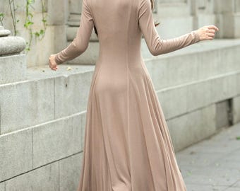 Knit A-line Long Dress, Wool-free Knit Dress, Camel Knit