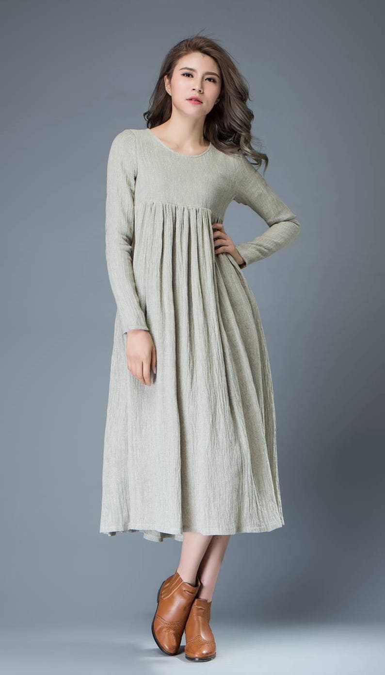 Casual Linen Dress Light Gray Flared Pleated Mid-length Long | Etsy