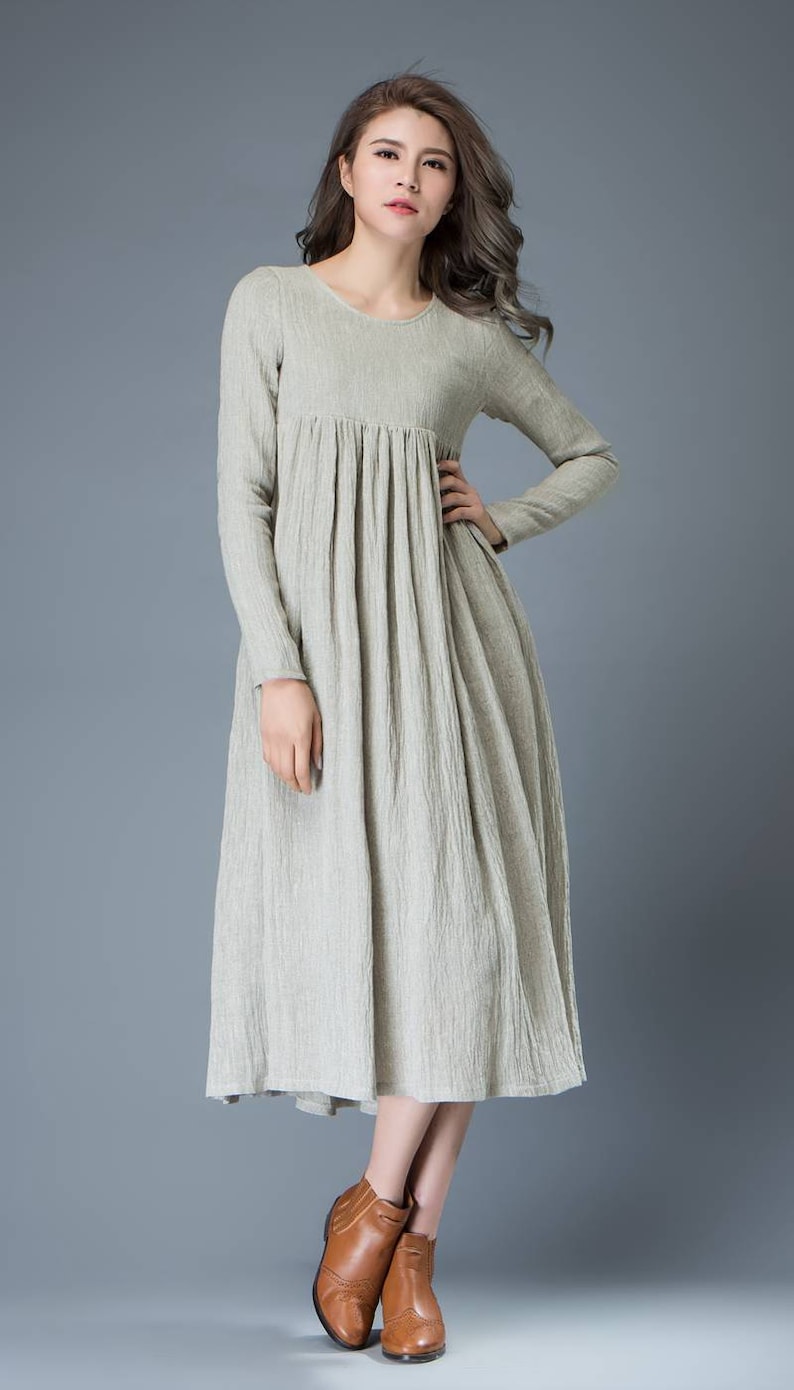 Casual Linen Dress Light Gray Flared Pleated Midlength Long Etsy