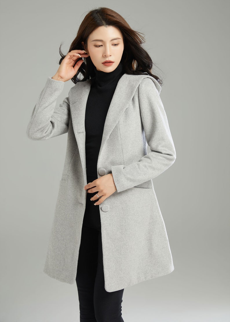 Winter Hooded Wool Coat, Gray Wool Jacket, Womens Coats, Warm Jackets, Casual Coat, Mod Clothing, Handmade Coat, Ylistyle C2990 image 8