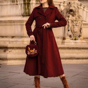 Casaco de lã bordô feminino, casaco militar de lã, casaco longo de lã, casaco de lã quente de inverno feminino, casaco de lã com cinto, casaco personalizado, ylistyle C4302