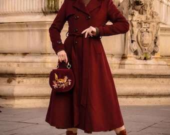 Burgunder Wollmantel Frauen, Wolle Militärmantel, Langer Wollmantel, Winter Warmer Wollmantel Frauen, Wollmantel mit Gürtel, Wollmantel nach Maß, ylistyle C4302
