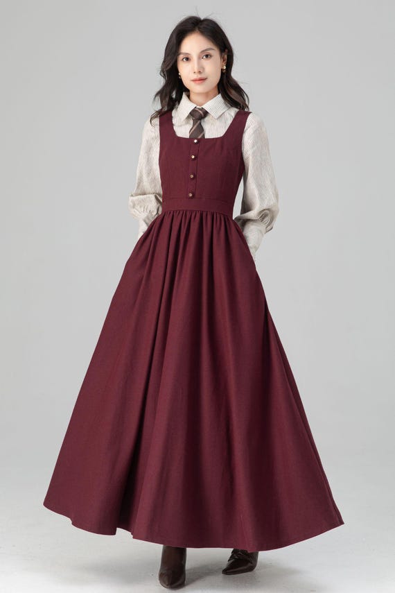 Burgundy Wool Pinafore Dress: Sleeveless Fit-and-Flare Maxi Dress, Ylistyle C5205