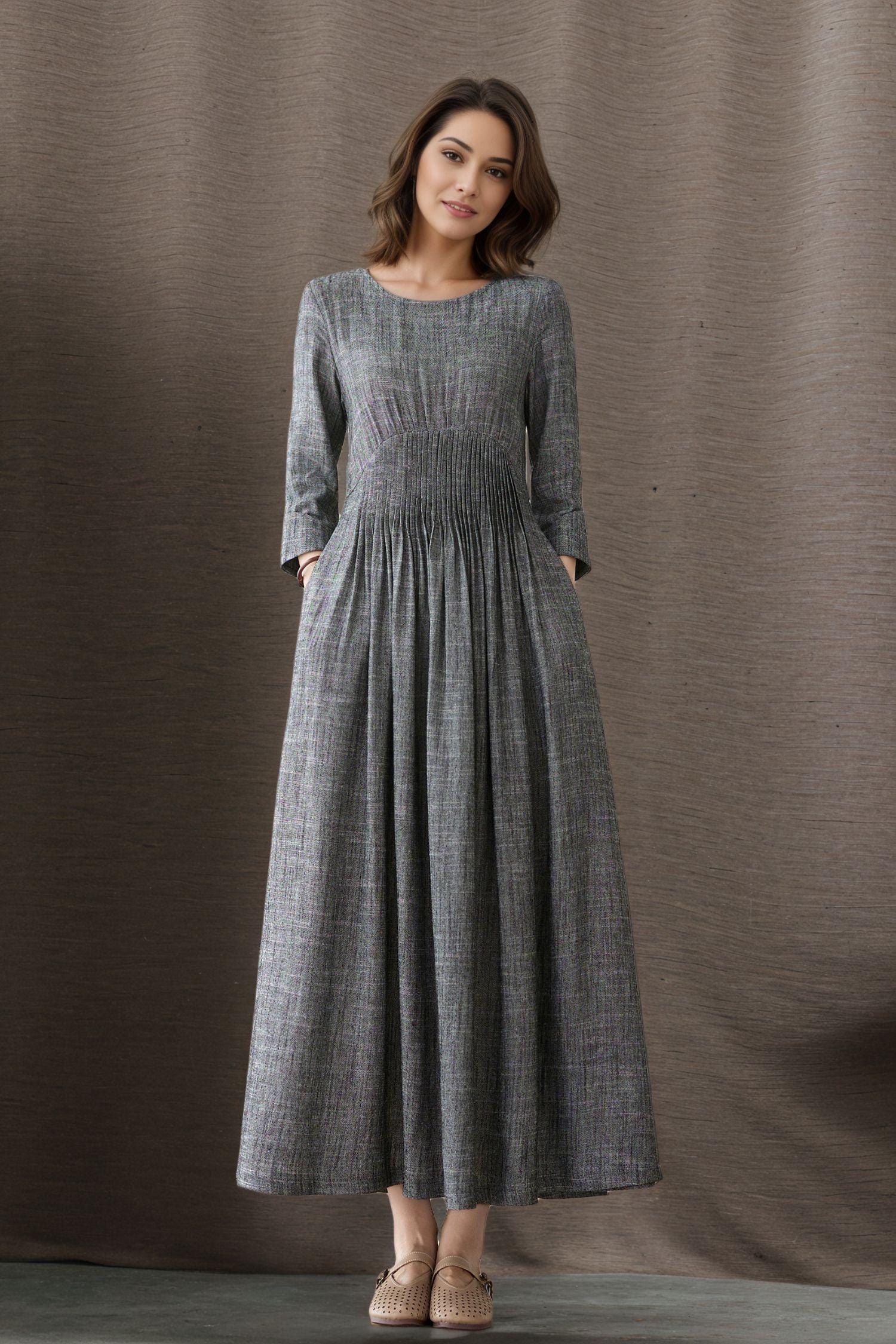 Linen Dress, Grey Linen Maxi Dress, Women's Casual Linen