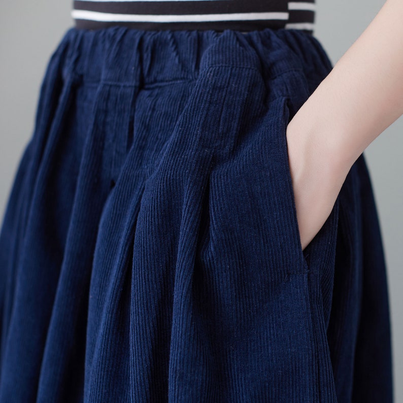 Blue Corduroy Skirt, Midi skirt, High Elastic Waist Skirt, Plus Size Skirt, Pleated Skirt with Pocket, Spring fall Skirt, Causal Skirt C2617 image 10