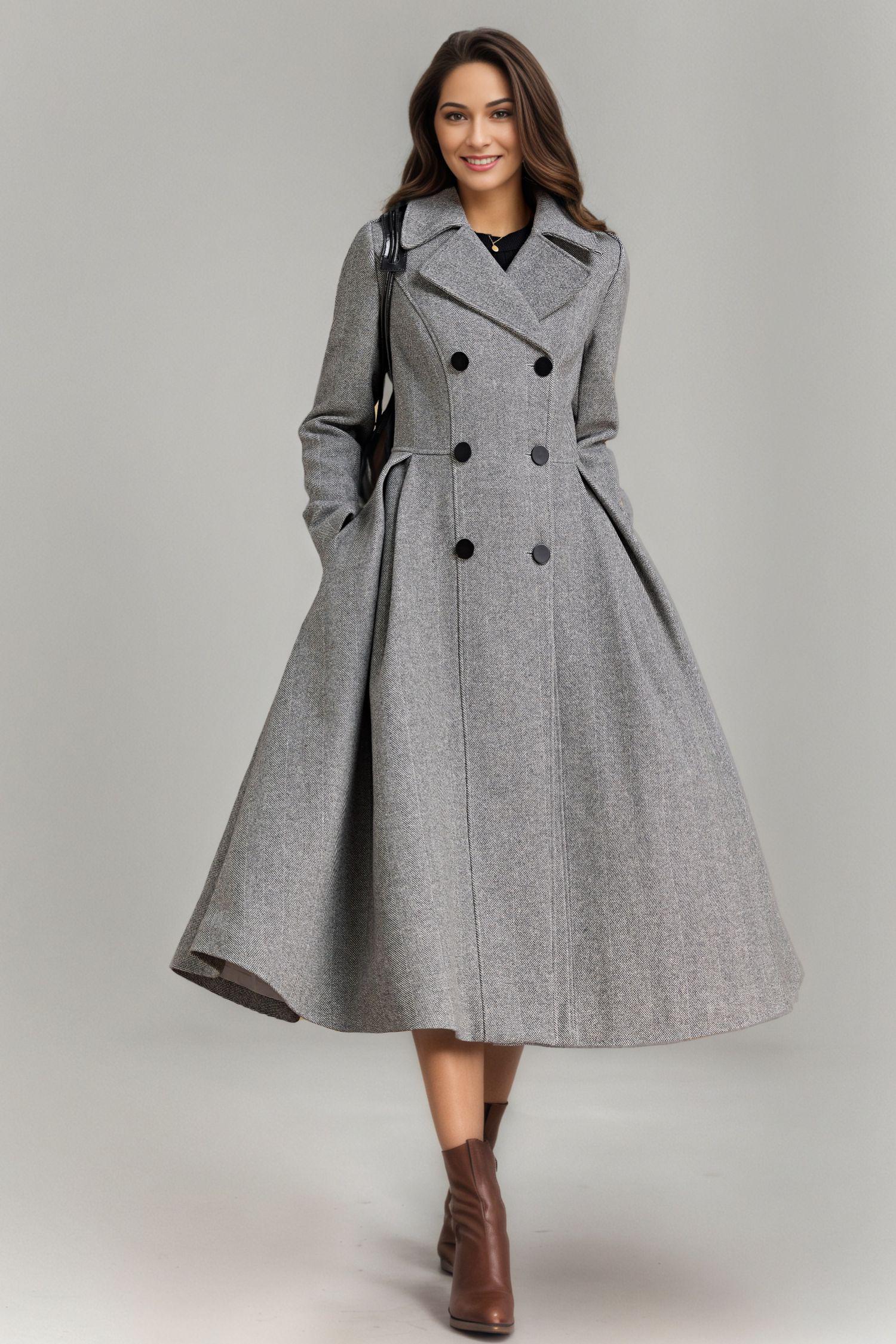 Grey Wool Coat, Winter Warm Coat, Double Breasted Wool Coat, Swing