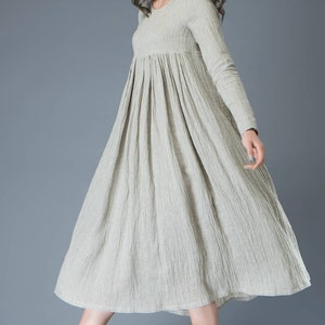 Casual Linen Dress, Light Gray Pleated Dress, Mid-length Long Sleeved Dress, High-Waisted Dress, spring dress wonen, Plus Size Dress C809 image 2