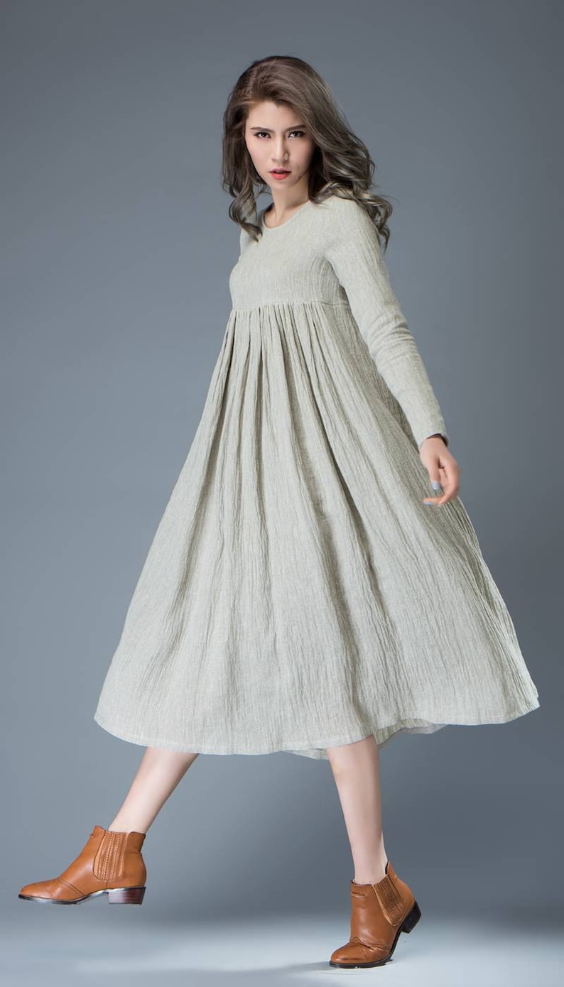 Casual Linen Dress, Light Gray Pleated Dress, Mid-length Long Sleeved Dress, High-Waisted Dress, spring dress wonen, Plus Size Dress C809 image 2