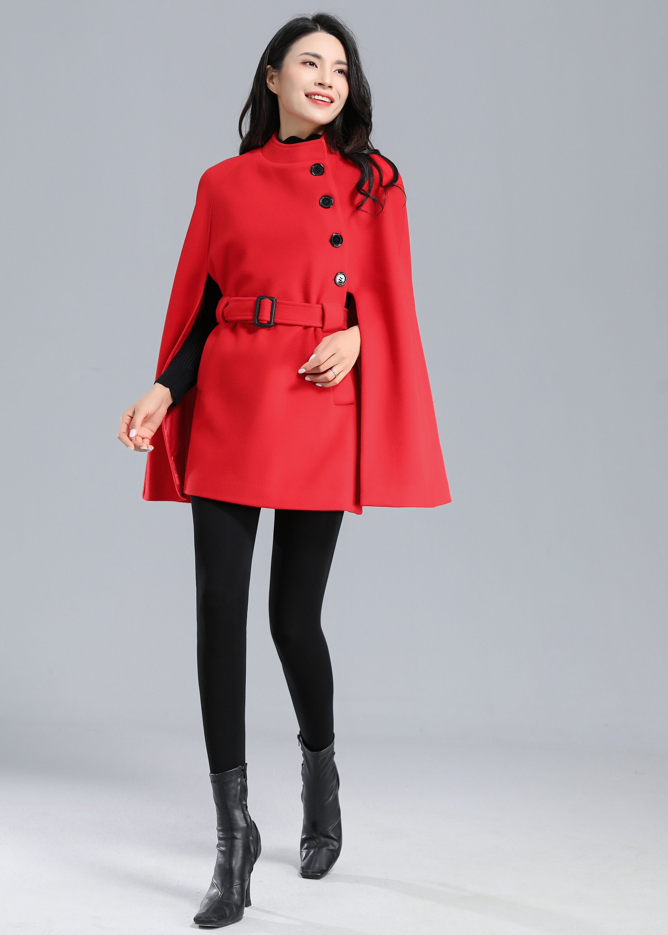 Black Wool Cape Coat Women, Belted Wool Cape Coat With Black Wool Cape Coat Women, Belted Wool Cape Coat With