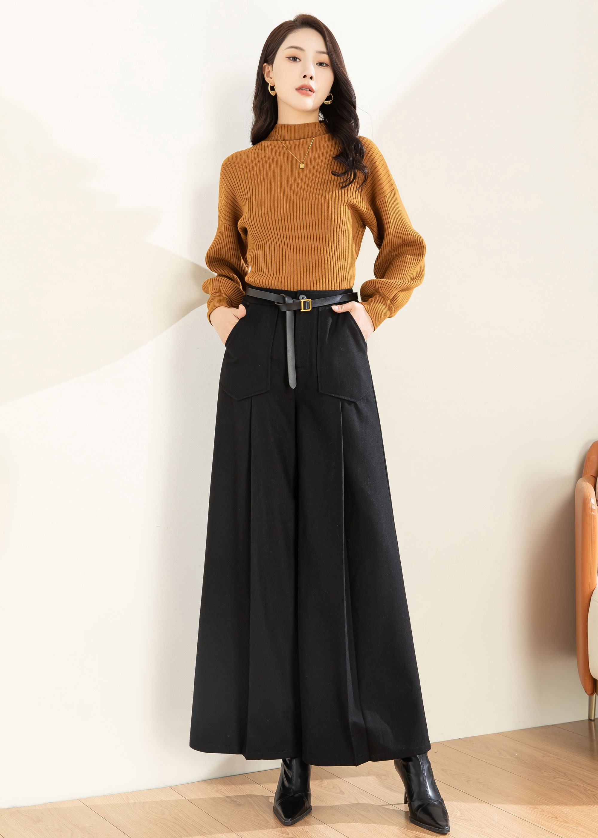 【2plan】Etsi Wool Wide Slacks Palazzo Pants Women, Black Wool Pants, Wide Leg Pants
