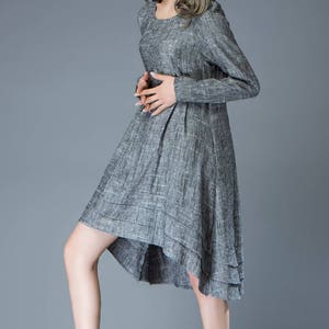 Marl Gray Lagenlook Dress Linen Loose-Fitting Long-Sleeved Round Neck Asymmetrical Dress with Tiered Pleated Hemline C810 image 6