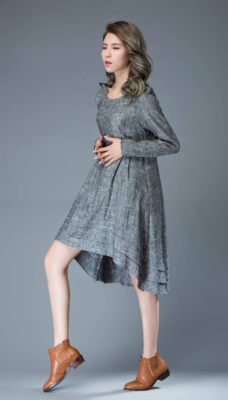 Marl Gray Lagenlook Dress Linen Loose-Fitting Long-Sleeved Round Neck Asymmetrical Dress with Tiered Pleated Hemline C810 image 6