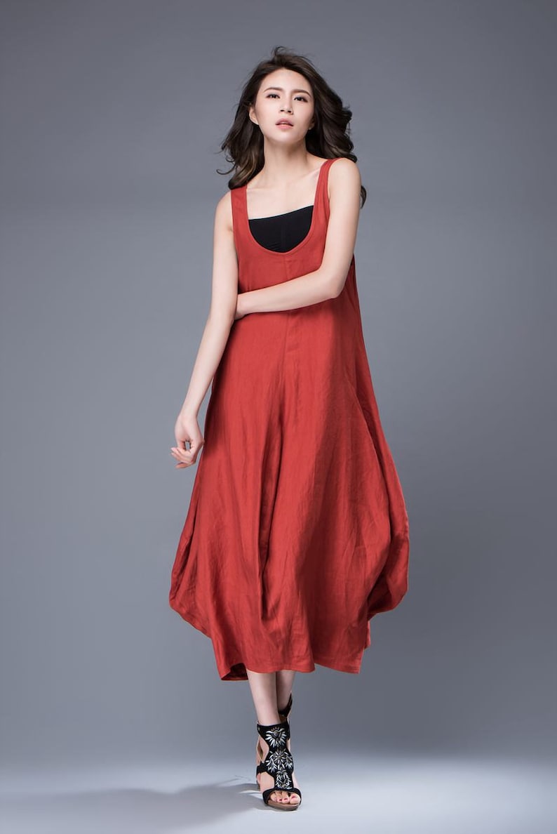 Red Linen Dress, Summer dress, Free-Style Casual Loose-Fitting Tulip-Shaped Everyday Modern Contemporary Unique Designer Dress C888 image 2