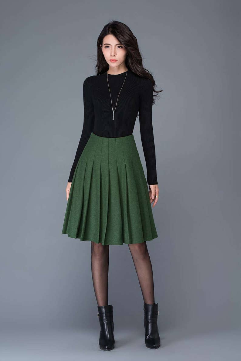 Wool skirt, Wool Midi skirt in green, pleated wool skirt, High waist wool skirt, winter skirt women, womens skirts, Short wool skirt C1031 image 2