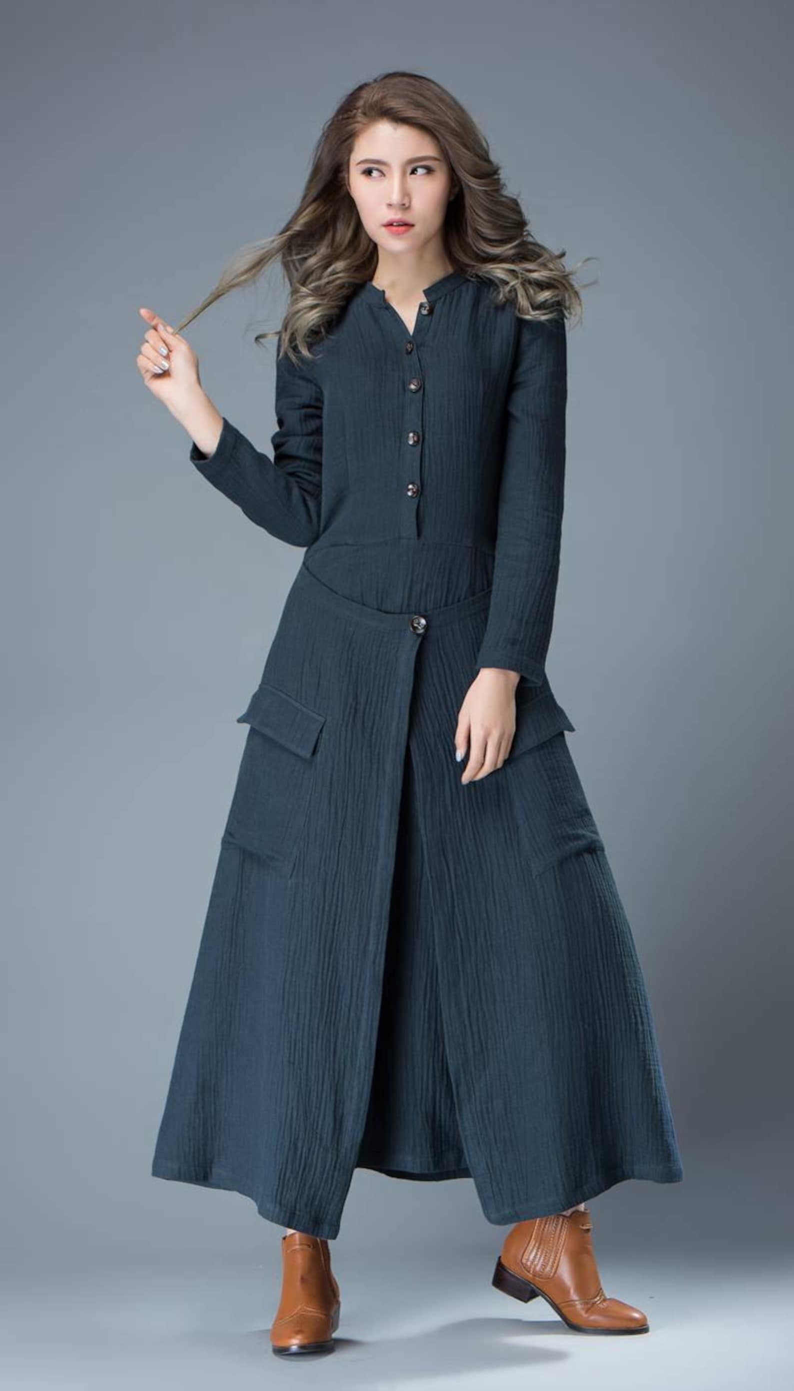 Navy Blue Linen Dress Linen Wrap dress Button up dress | Etsy