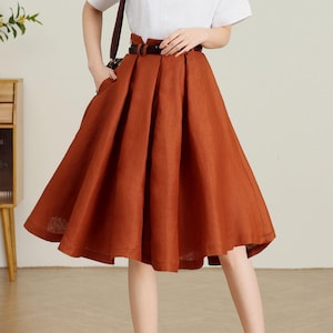 Orange Midi Linen Skirt for Women, Flowy Summer A-Line Linen Skirt, Belted Linen Skirt with Pockets, Custom Work skirt, Ylistyle C4732