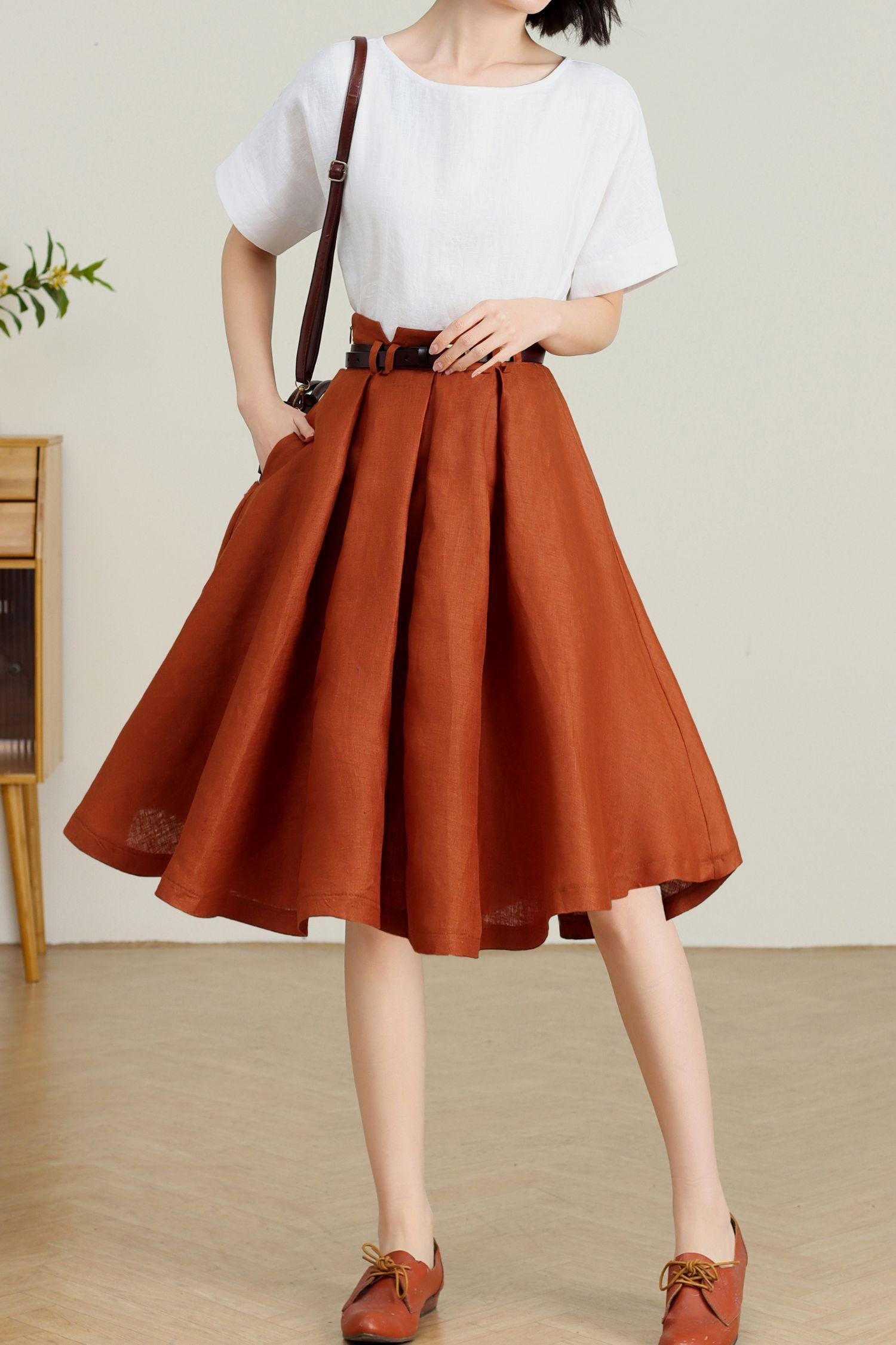 Orange Midi Linen Skirt for Women, Flowy Summer A-line Linen