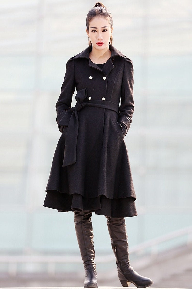 Black wool coat, Fit and flare coat, Knee length winter coat, double breasted coat, women coat, knee length woman jackets, warm coats C219 1-black