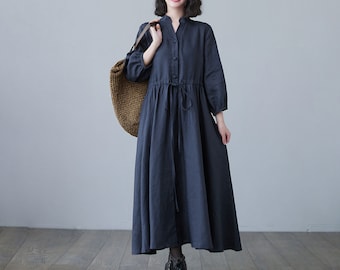 Linen Shirt Dress, Long Maxi Dress Women, Button Up Linen Dress, Plus Size Dress, Drawstring Waist Causal Dress, Spring Summer Dress C2489