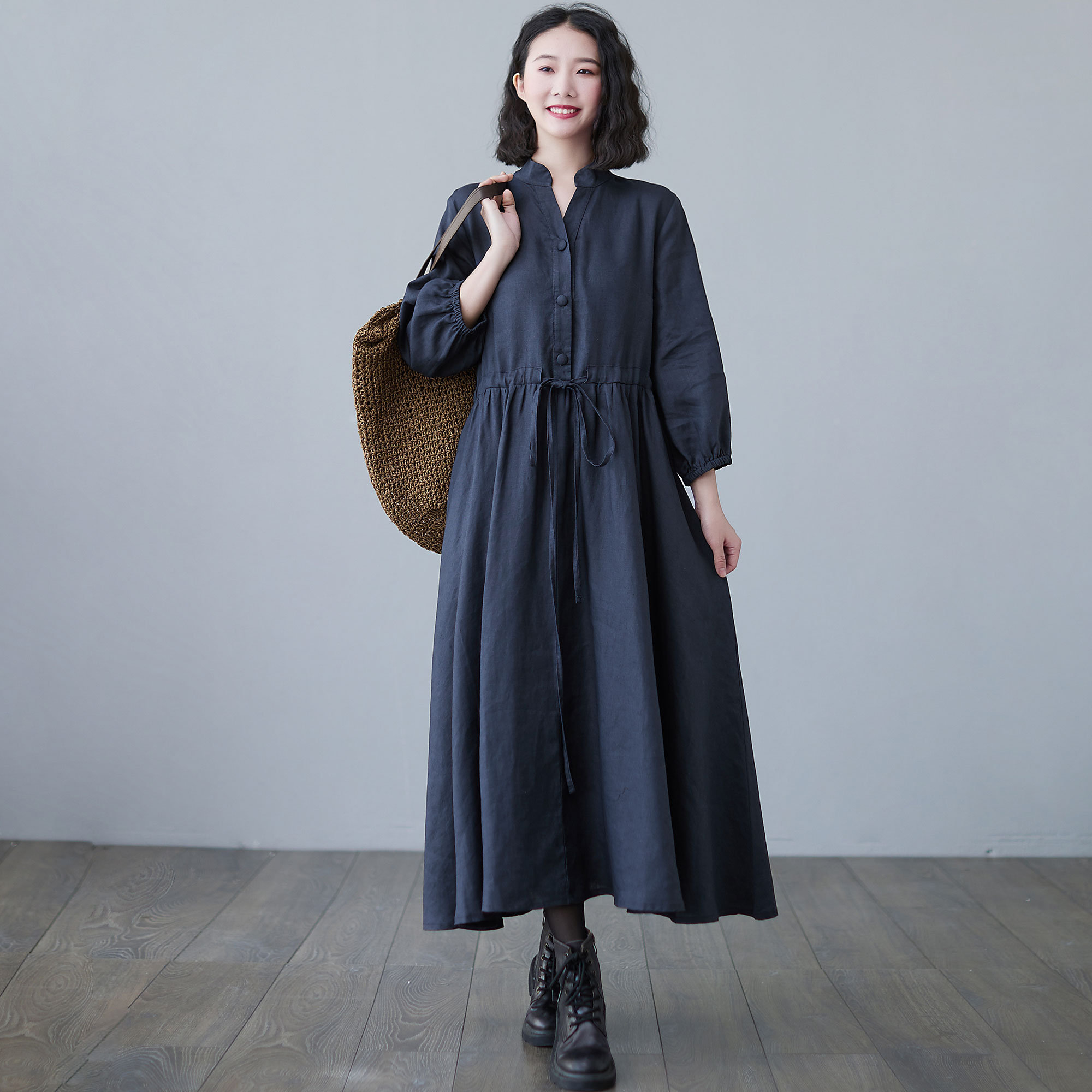 Linen Shirt Dress, Long Maxi Dress Women, Button up Linen Dress, Plus Size Dress, Drawstring Waist Causal Dress, Spring Summer Dress C2489