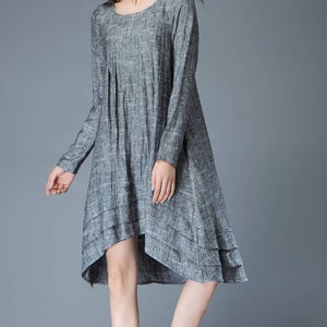 Marl Gray Lagenlook Dress Linen Loose-Fitting Long-Sleeved Round Neck Asymmetrical Dress with Tiered Pleated Hemline C810 image 10