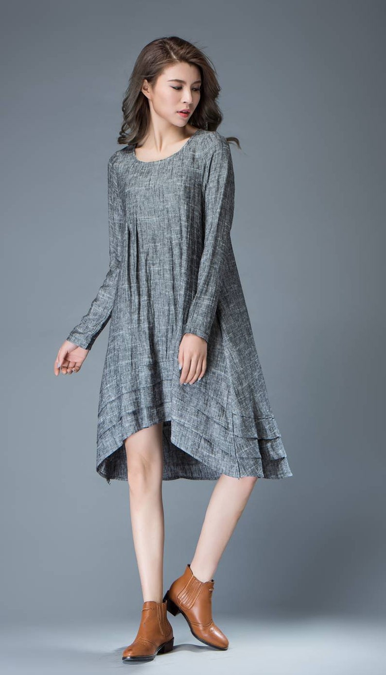 Marl Gray Lagenlook Dress Linen Loose-Fitting Long-Sleeved Round Neck Asymmetrical Dress with Tiered Pleated Hemline C810 image 10