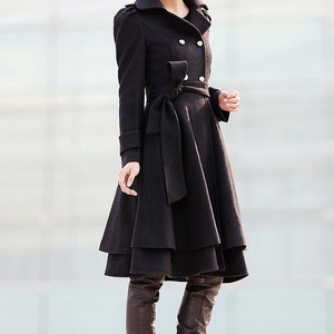 Black wool coat, Fit and flare coat, Knee length winter coat, double breasted coat, women coat, knee length woman jackets, warm coats C219 image 3