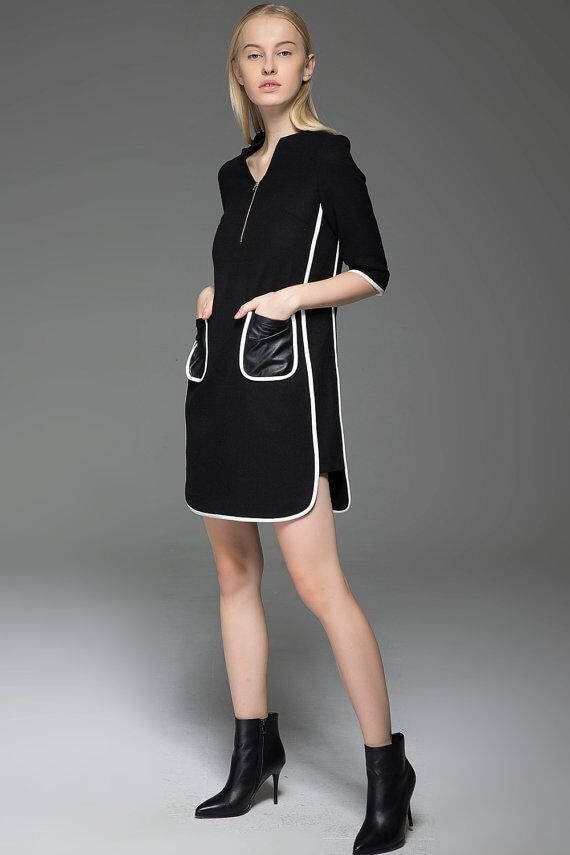 Chanel Style Dress Black Wool Mini Dress With Cream Piping Etsy