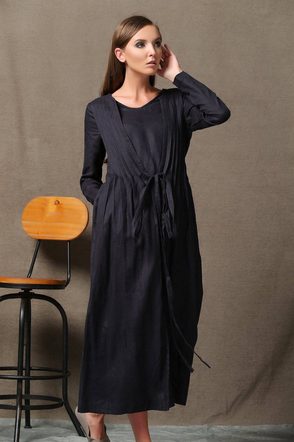 Black Linen Dress Handmade Unique Layered Pleated Cloak Over - Etsy UK