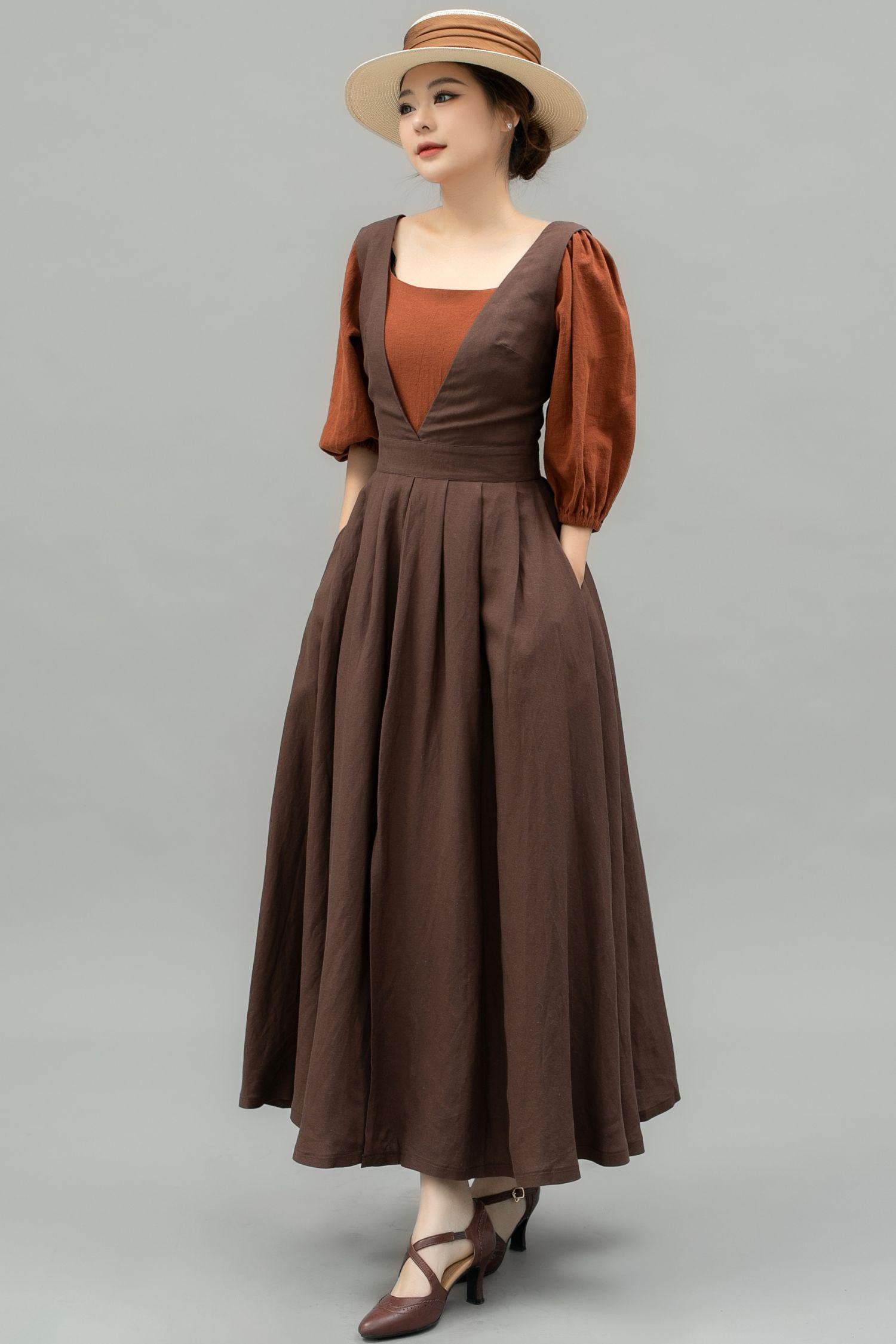 Coffee Linen Pinafore Dress: Sleeveless Long Apron Dress With Deep